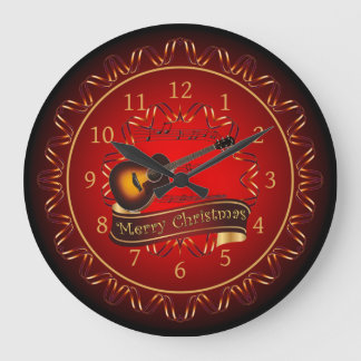 Guitar, Merry Christmas, Maroon & Black ~ Large Clock