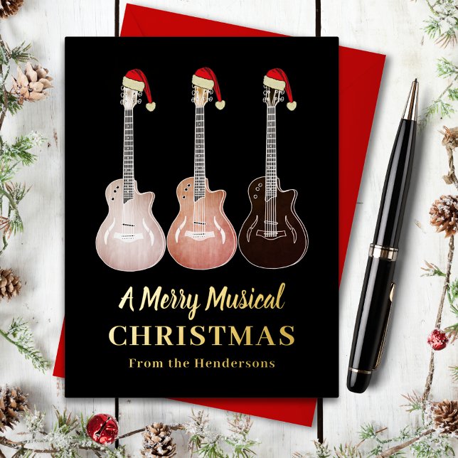 Guitar Merry Musical Christmas Black and Gold Foil Holiday Postcard (Rock and roll christmas guitars wearing Santa hats black and gold foil custom holiday greetings card)