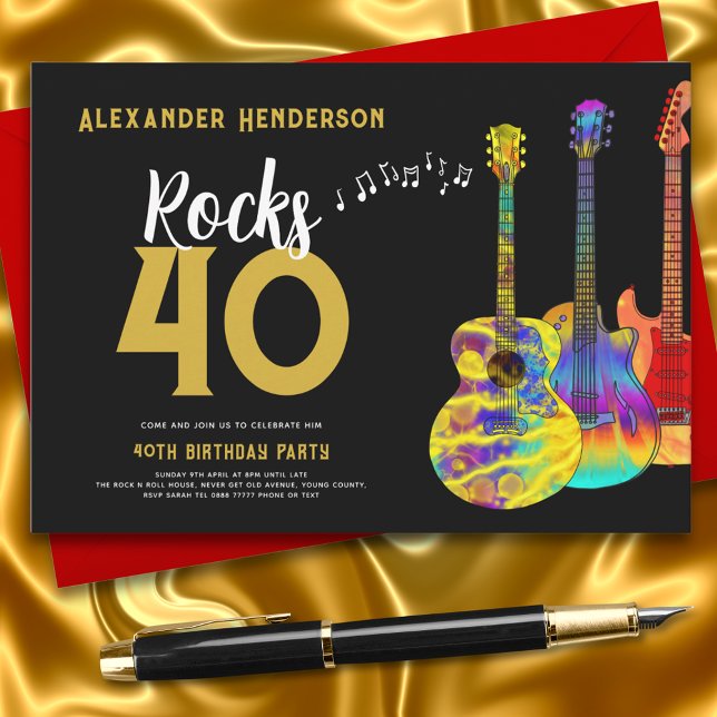 Guitar Music 40th Birthday Party  Invitation (Rock ad roll black and gold 50th birthday party invitation with psychedelic guitars and music)