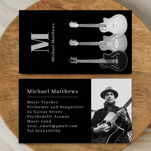 Guitar Music Teacher Black Custom Photo Business Card (Modern simple Guitar music tutor professional musician photo Business card Black gray and white)