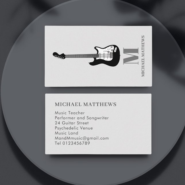 Guitar Music Teacher  Business Card (Modern guitar music teacher business card with black and white electric guitar art & custom monogram)