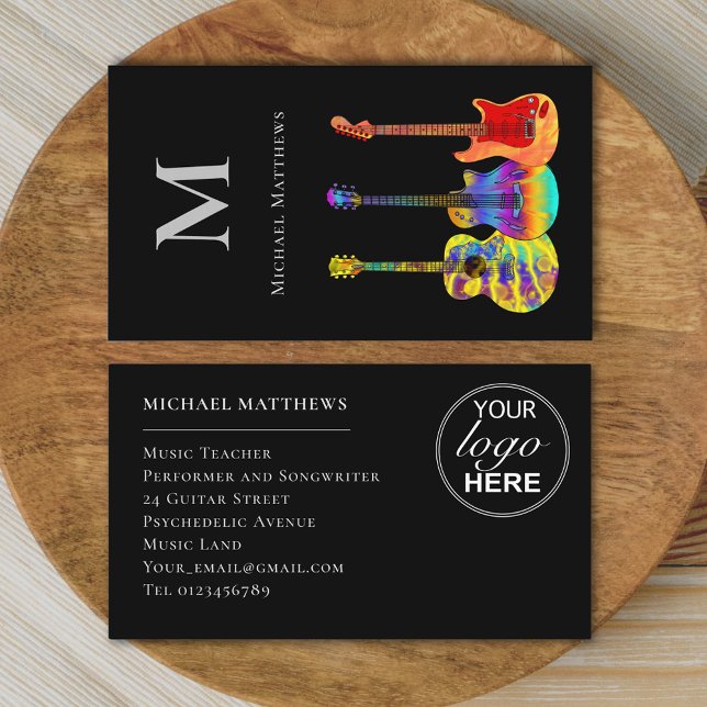 Guitar Music Teacher Custom Logo Business Card (Guitar teacher musician logo custom business card)