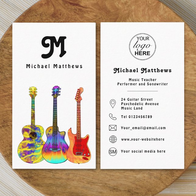 Guitar Music Teacher Custom Logo Social Media Icon Business Card (Retro Modern guitar music tutor professional musician logo Business card Colorful guitar art)