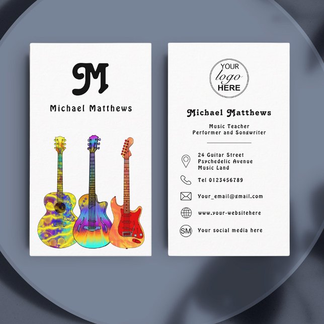 Guitar Music Teacher Custom Logo Social Media Icon Business Card (Retro guitar music teacher custom business card with social media )