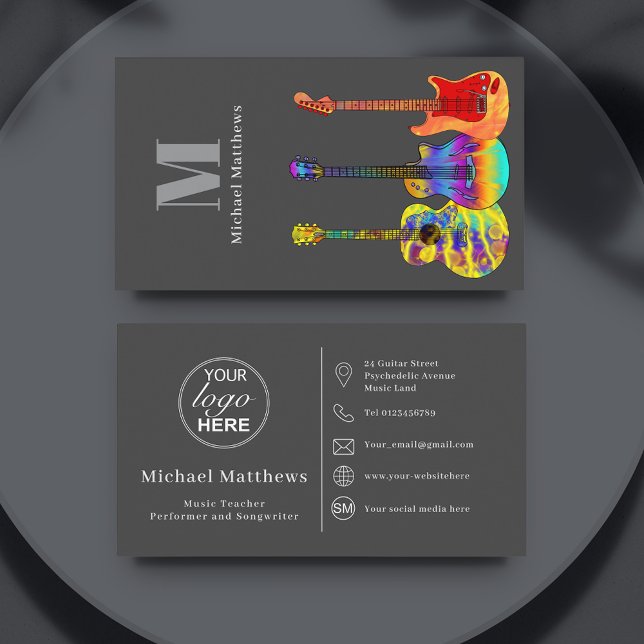 Guitar Music Teacher Custom Logo Social Media Icon Business Card (Guitar music teacher custom logo social media business card in gray)