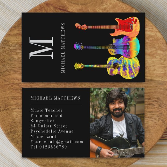 Guitar Music Teacher Custom Photo Business Card (Modern guitar music teacher professional musician photo Business card Colorful guitar art)