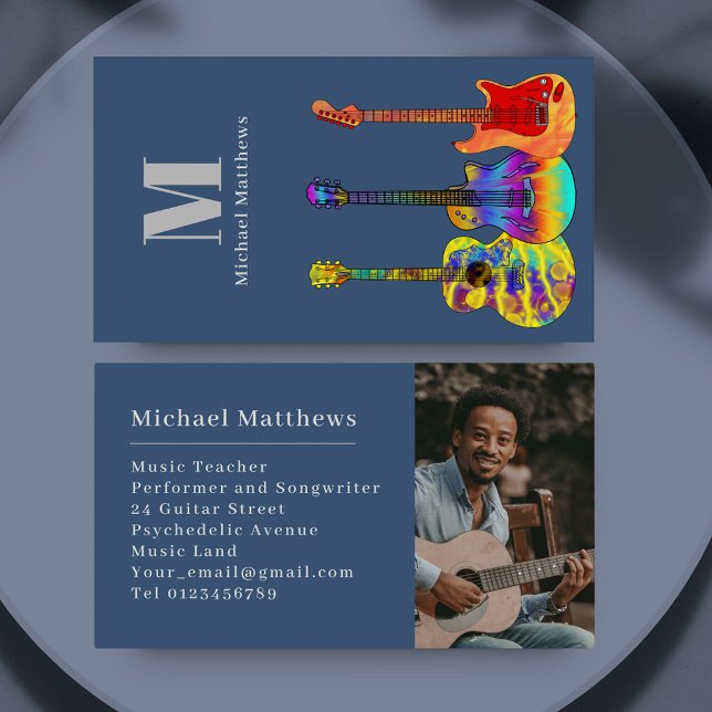 Guitar Music Teacher Custom Photo Business Card (Guitar music teacher photo template custom business card)