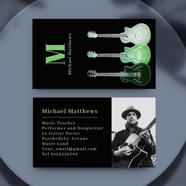 Guitar Music Teacher Custom Photo Business Card (Cool guitar music teacher musician photo custom business card black and green)