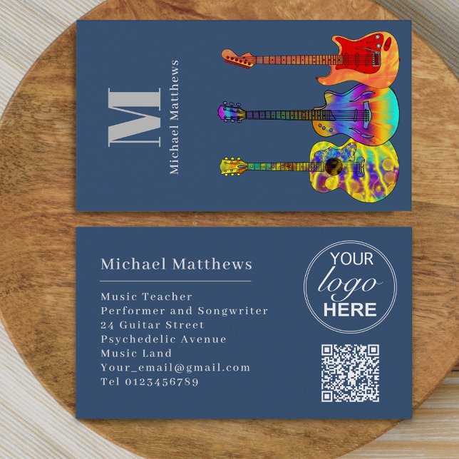 Guitar Music Teacher Custom QR Code and Logo Business Card (Modern guitar music tutor professional musician logo qr code blue Business card Colorful guitar art)