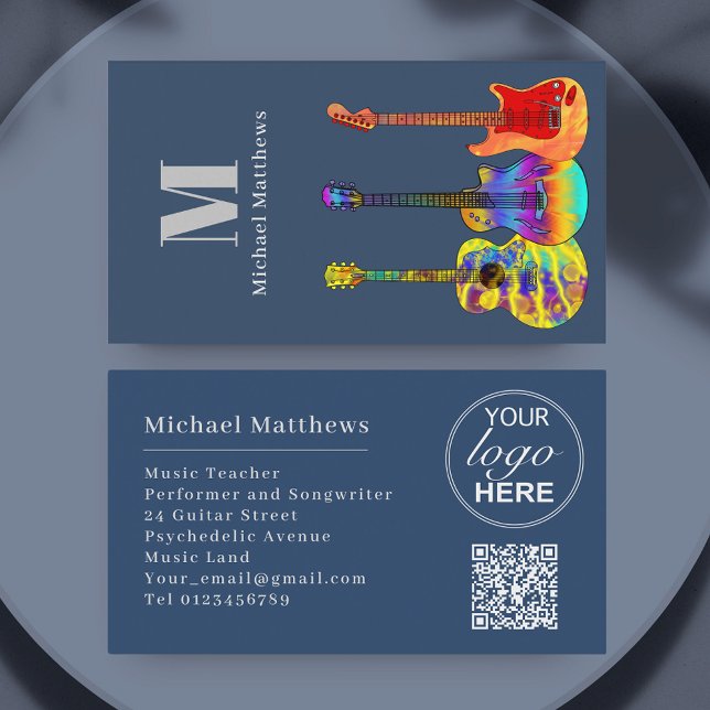 Guitar Music Teacher Custom QR Code and Logo Business Card (Modern guitar music teacher musician Logo and QR code custom business card)