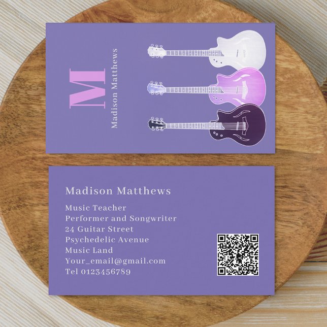 Guitar Music Teacher Custom QR Code Purple Business Card (Modern Guitar teacher music tutor musician performer Pink purple Business card)