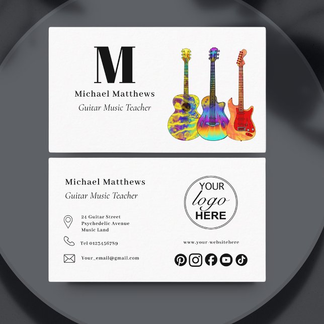 Guitar Music Teacher Logo and Social Media Custom Business Card (Modern guitar music teacher custom logo business card )