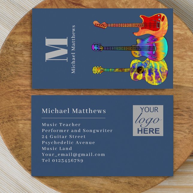 Guitar Music Teacher Logo Template Custom Business Card (Modern guitar music tutor professional musician logo blue Business card. Colorful guitar art)