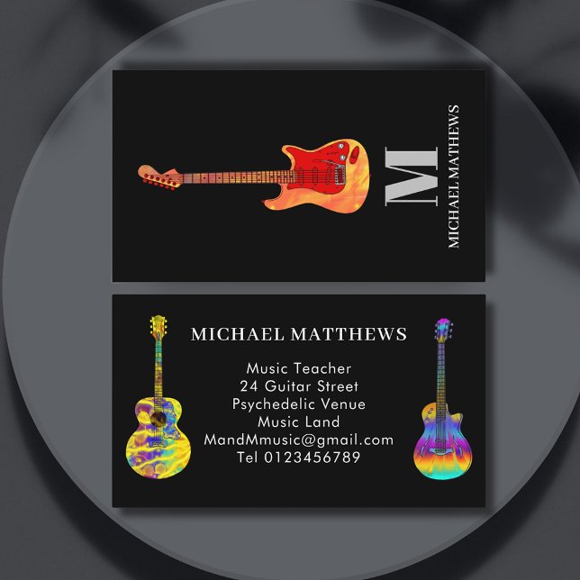 Guitar Music Teacher Monogram Business Card (Fire guitar on black music teacher professional musician business card)