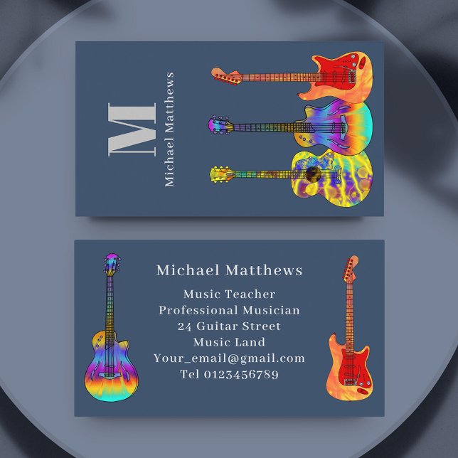 Guitar Music Teacher Monogram Personalised Business Card (Modern guitar music teacher musician custom blue business card)