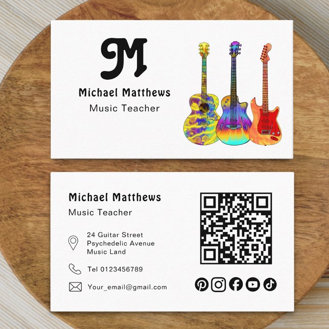 Guitar Music Teacher QR code Social Media Custom Business Card (Modern guitar music tutor professional musician social media qr code Business card colorful guitars)