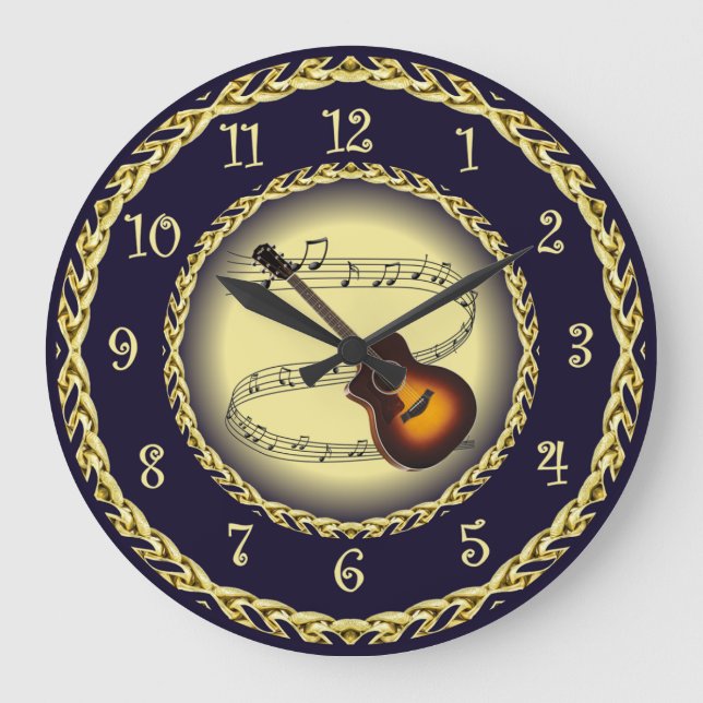 Guitar ~ Musical Scroll ~ Gold/Navy Blue ~   Large Clock (Front)
