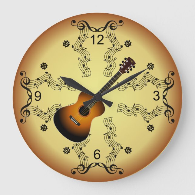 Guitar ~ Musical Scroll ~ Golden Background ~ Large Clock (Front)