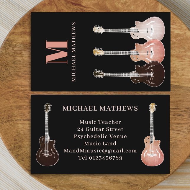 Guitar Musician and Music Teacher  Business Card (guitar teacher professional musician business card minimalist rustic country music guitar artwork )