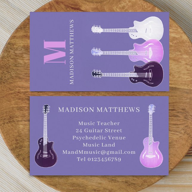Guitar Musician Music Teacher Purple Business Card (Modern musician guitar music teacher purple pink Business card monogram initials simple minimalist )
