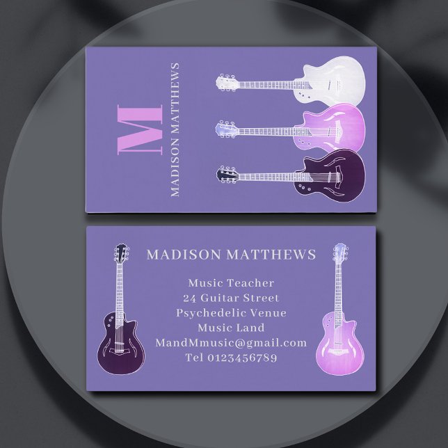 Guitar Musician Music Teacher Purple Business Card (Guitar music teacher purple and pink professional business card with monogram)