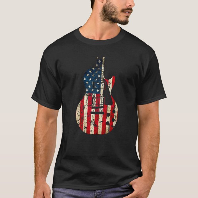 Guitar Musician Us American Flag Distressed Guitar T-Shirt (Front)