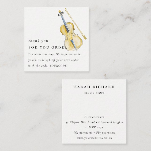 Guitar Musician Violin Teacher Thank you Order Square Business Card (Front/Back)