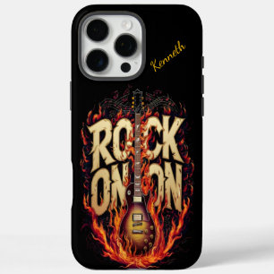 Guitar on fire with rock-inspired typography iPhone 16 pro max case