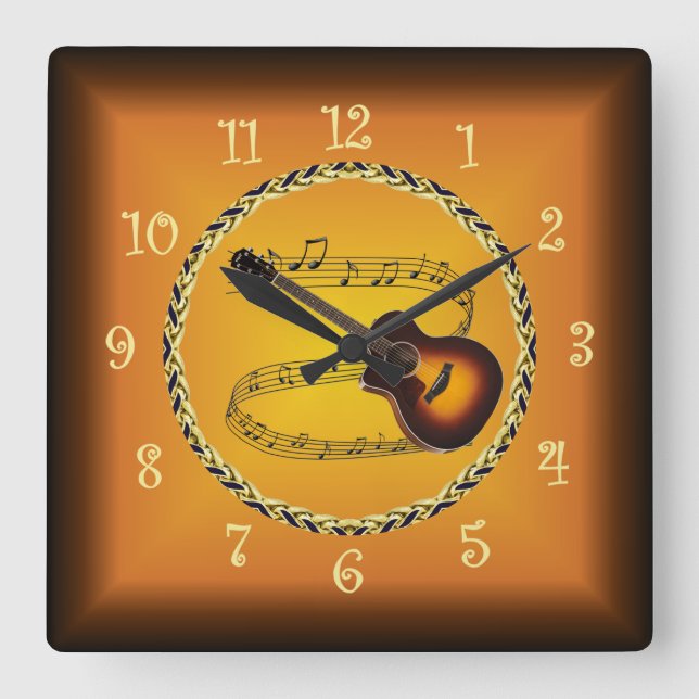 Guitar On Musical Scroll & Russet Orange ~  Square Wall Clock (Front)