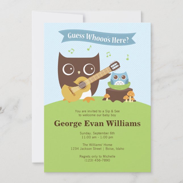 Guitar Owl Sip and See Baby Boy Shower Invitation (Front)