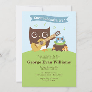 Guitar Owl Sip and See Baby Boy Shower Invitation