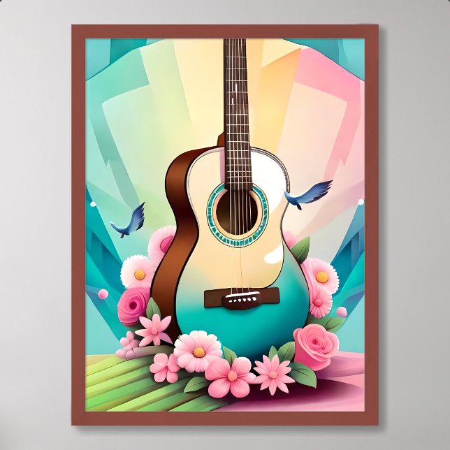 guitar painting acoustic colourful rose flower pin poster (guitar painting acoustic colorful rose flower pink)