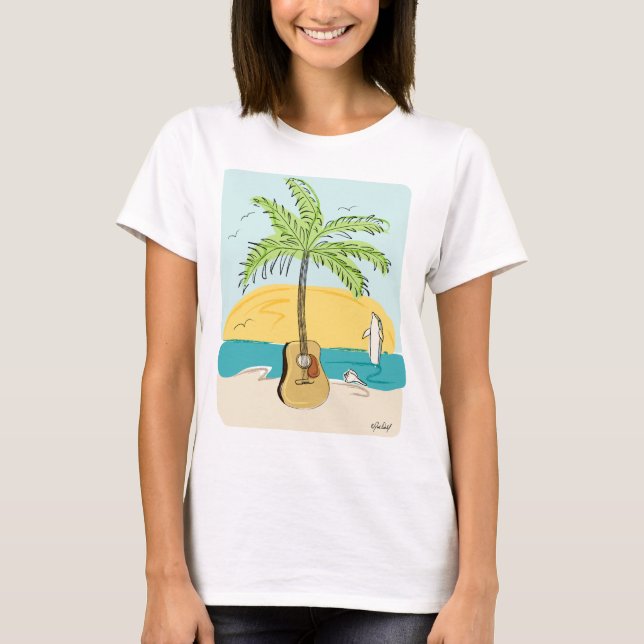 Guitar Palm at Sunset on the Beach T-Shirt (Front)