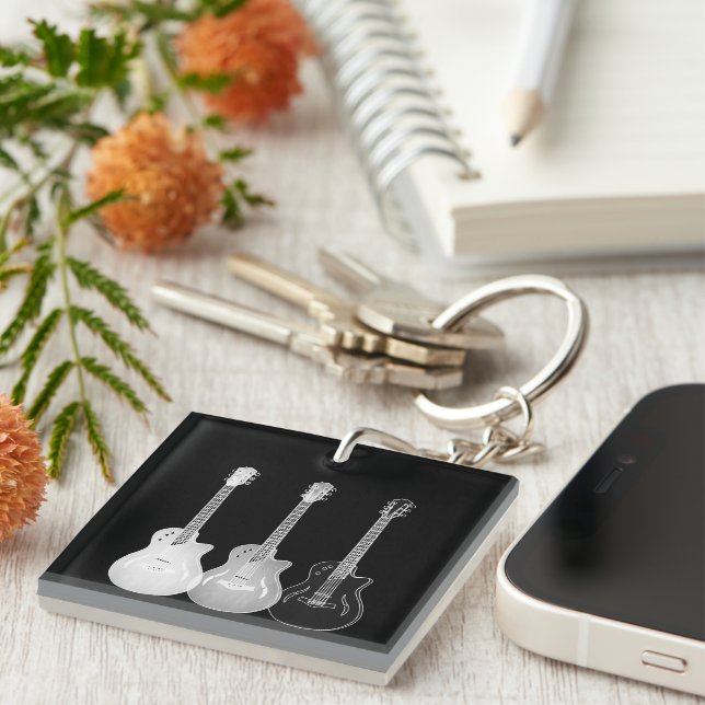 Guitar pattern black and white personalised key ring (Front Right)