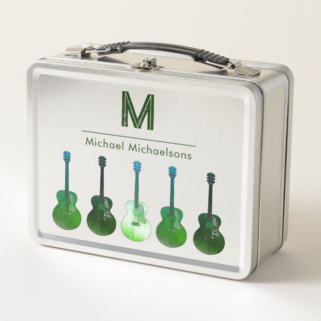 Guitar Personalised Name Green Metal Lunch Box (Front)