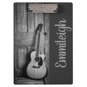 Guitar Photo Black White Rustic Country Wood Door Clipboard