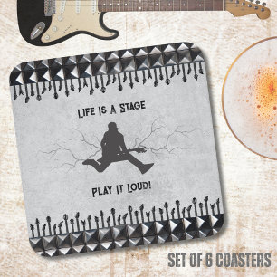 Guitar Play It Loud Grey Black Music Rockstar  Square Paper Coaster
