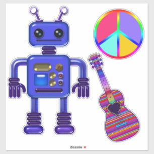 Guitar Player Blue Robot and Peace Sign