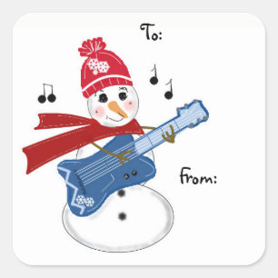 Guitar Player Snowman Square Sticker