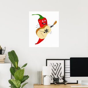 Guitar Playing Chilli Pepper, Funny Cartoon Poster