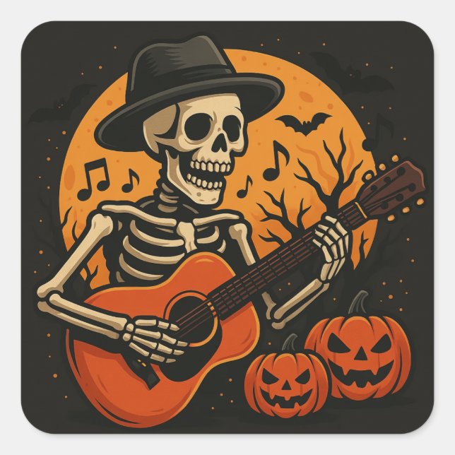 Guitar-Playing Skull Halloween Sticker (Front)
