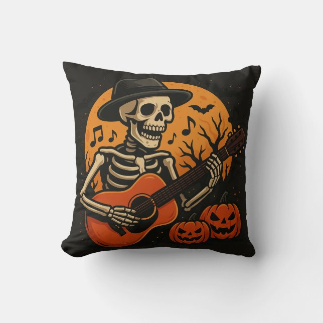 Guitar-Playing Skull Halloween Throw Pillow (Front)