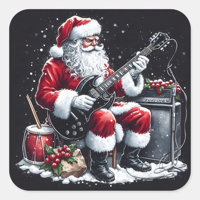 Guitar Riffs Meet Santa’s Christmas Cheer Square Sticker (Front)