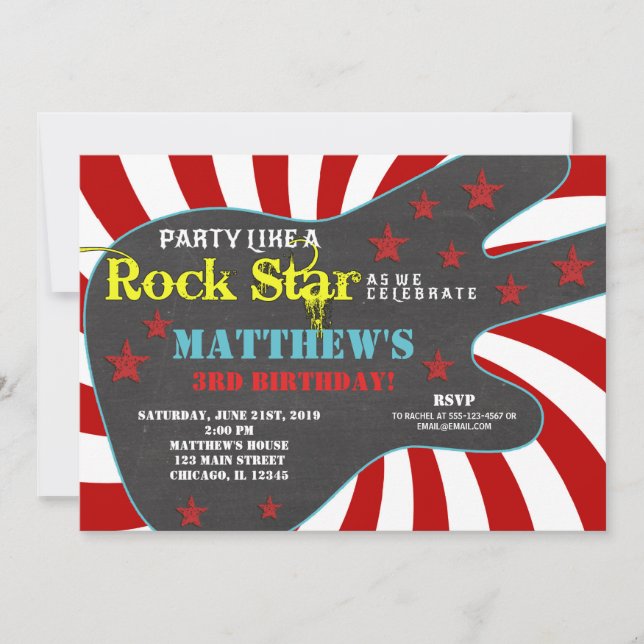 Guitar rock star boy birthday invitation (Front)