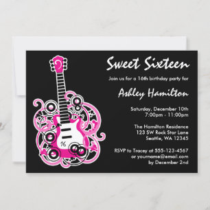 Guitar Rock Star Sweet 16 Birthday Party Hot Pink Invitation