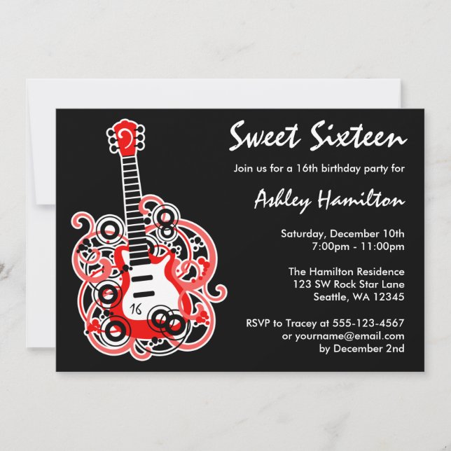 Guitar Rock Star Sweet 16 Birthday Party Red Invitation (Front)
