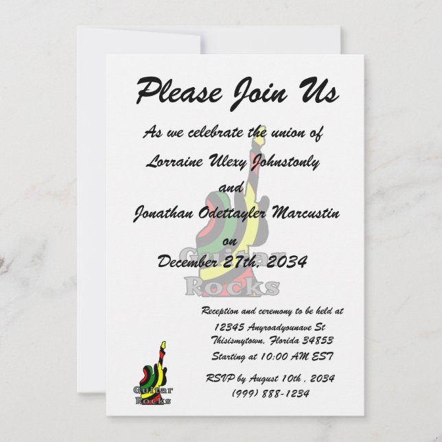 guitar rocks rasta text holding up electric invitation (Front)