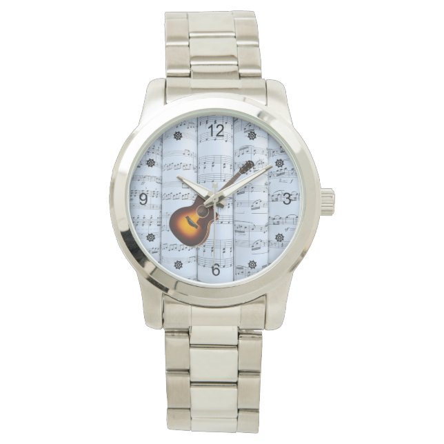 Guitar ~ Rolled Sheet Music ~ Blue Tint Background Watch (Front)