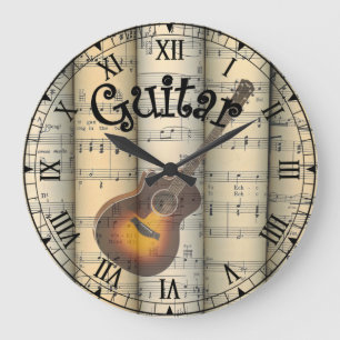 Guitar ~ Rolled Vintage Sheet Music ~ Unique ~ Large Clock