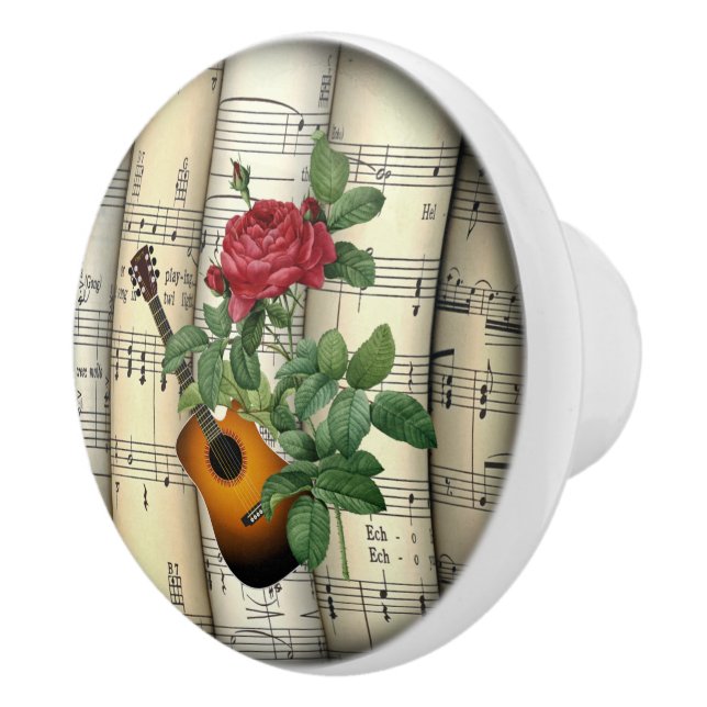 Guitar~Rosa Gallica Pontiana~Pierre Joseph Redouté Ceramic Knob (Right)